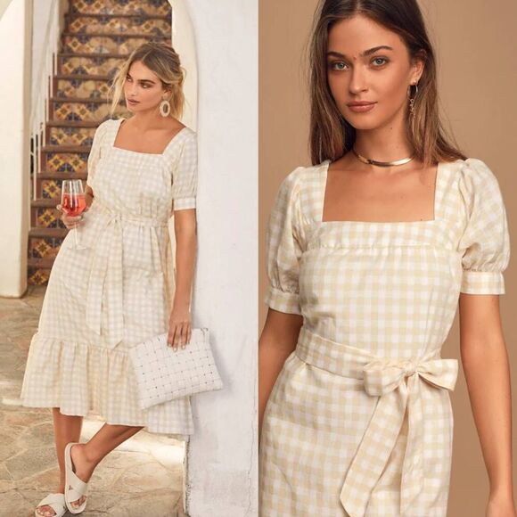 Lulus Love Me Sweeter Peach Gingham Puff Sleeve Midi Dress M NWOT - Picture 2 of 10